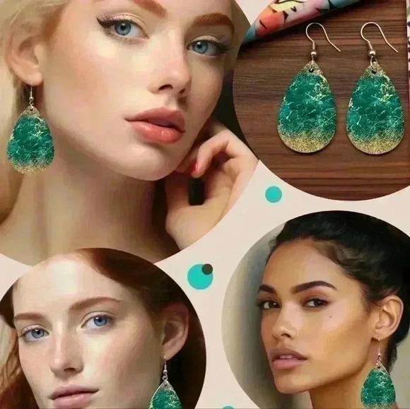 natalythyme Jewelry - Emerald and gold printed tear drop pendant earrings